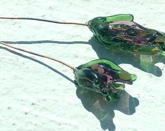 Duo of flowers on stems of copper, Lampwork Glass