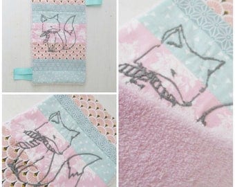 Doudou flat sensory embroidery Fox labels fabric back with pink minky.