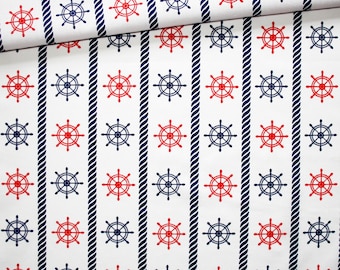 Rudders, 100% cotton fabric printed 50 x 160 cm pattern rudders red and blue on white background