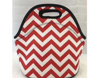 C.C. Neoprene Lunch Bag | Insulated Lunch Tote | Lunch Box | Office lunch bag | Lunch Bag Insulated | Teacher Gift Nurse Gift | Red Chevron