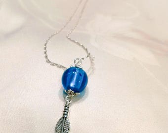 Feather pendant fine 925 sterling silver chain - Pearl pendant glass blue - feather charm - silver - silver jewelry - women necklace