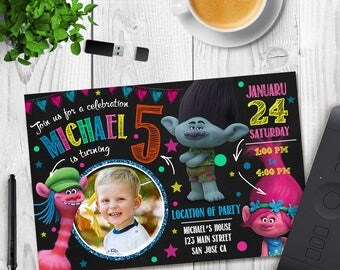 Trolls Birthday Invitation, Trolls Invitation, Troll Invitation Download, Trolls Party, Trolls Invites, Trolls Invitation with Photo