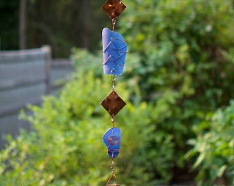 Wind Chime Blue Beach Glass Copper Windchime Stained Glass Windchimes