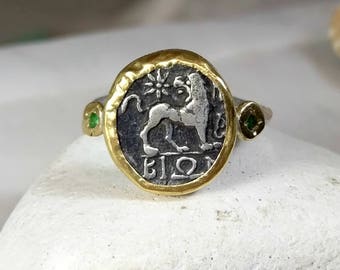 Gold Ancient Coin Ring, Statement Ring, Ancient Coin Jewelry, solid 22 kt gold and silver ring, Lion coin ring, Leo Horoscope ring