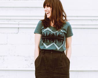 Crater Lake women's tshirt - graphic tee for women - mountain print on forest green - gift for her - camping shirt by Blackbird Tees