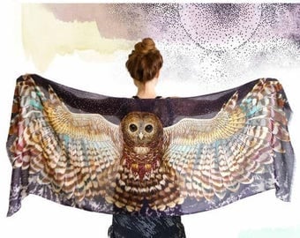 SALE Owl Scarf, Pashmina Scarf, Wings Wrap, Owl Shawl Wrap, Silk Scarf, Birds Scarf, Wearable Art, Feather Print Scarf, Nature Scarf