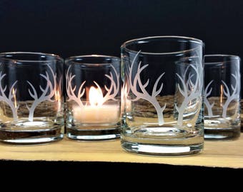 Antler Engraved Glass Candle Holders Set of Four Clear Votive Holders