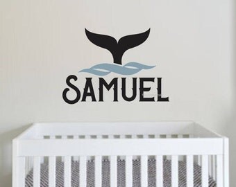 Whale Tail Wall Decal, boy name decal, whale nursery, whale wall decal, ocean decal, whale sticker, vinyl name decal, boy bedroom, whale art