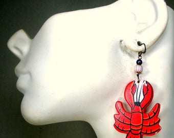 Lobster Earrings, Long Red Carved and Painted Wood Fun Dangles, Crustacean Jewelry,