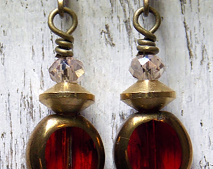 Red Earrings Simple Dangle Czech Glass Earrings Minimalist Jewelry Boho Earrings Small Dainty Earrings Holiday Jewelry Red & Gold Earrings