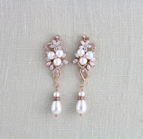Rose Gold Bridal earrings Pearl Wedding earrings Long