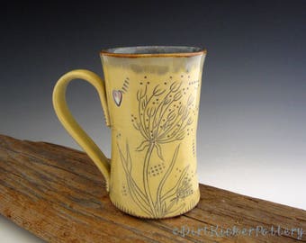 Wish Mug with Dandelion in Yellow and Rustic Iron Blue - Pottery Mug - Coffee Mug - by DirtKicker Pottery