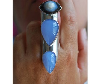 Third Eye Ring Blue Chalcedony and Agate