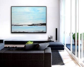 Large Blue Landscape Painting 30 x 40 Framed Contemporary Art Original Hand Painted Wall Art Design Decor Acrylic Painting by Sky Whitman
