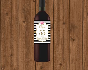 55th Anniversary Wine Label, Cheers to 55 Years Wine Label, Personalized Wine Label, Black White Striped 55th Wine Label, Floral 55th Wine