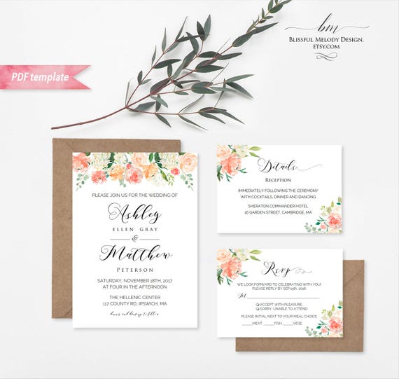 Printable Peach Cream Floral Wedding Invitation Set