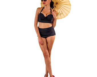 High Waist Swim Skirt and Underwire Bustier Bikini Top, Solid Matte Color Options, Summer Outdoors, Plus Size Fashion, Retro Swimsuit