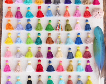 Mini Jewelry Tassels New SPRING Pantone Colors with GOLD Binding, Short Cotton Mala Bracelet Tassels, Handmade, 1.25", You Choose 10+ Colors
