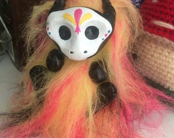 Fluffy Dragon Art Doll - Carnival Sugar Skull - Pink - Yellow - Black