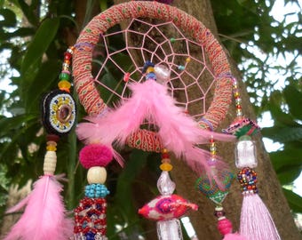 Tribal Dreamcatcher With Vintage Textiles, Beads, Shells, Feathers, Tassels and Magic