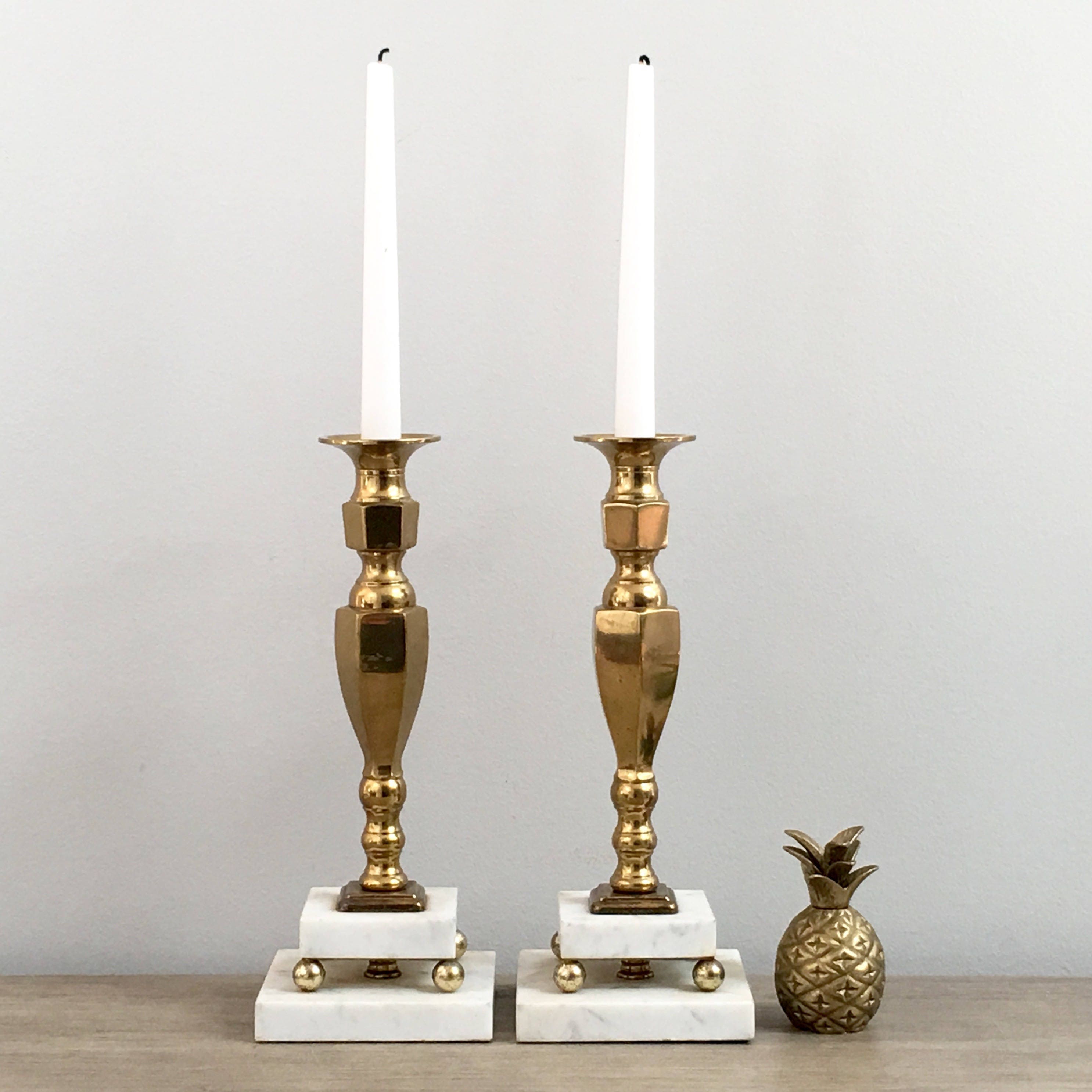 Vintage Brass Marble Candlesticks White Marble Candle ...