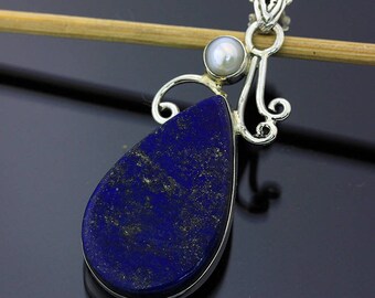 Blue Lapis Lazuli Pearl Handmade Pendant // 925 Sterling Silver // 1 3/4 Inch Pendant Jewelry