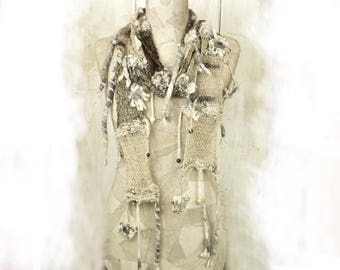 Boho scarf knit , Art Hand knitted scarf , Bohemian clothing, Gypsy knit women shawl , felt , OOAK , Freestyle , Crazy Fashion style , rope