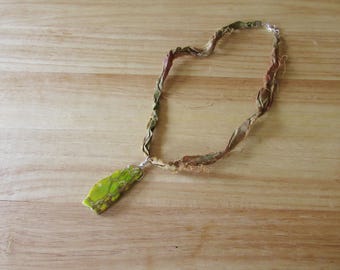 Yellow Green Sea Sediment Jasper on Recycled Sari Silk Ribbon