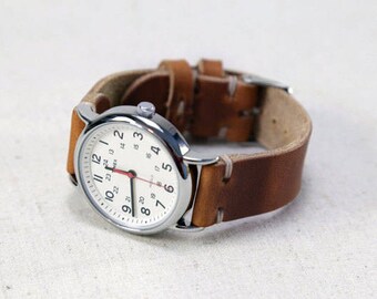 Leather Watch Band // Horween Leather Strap in English Tan - Brown Leather Custom Watch Band // Handmade Watch Strap // Thumbnail Buckle