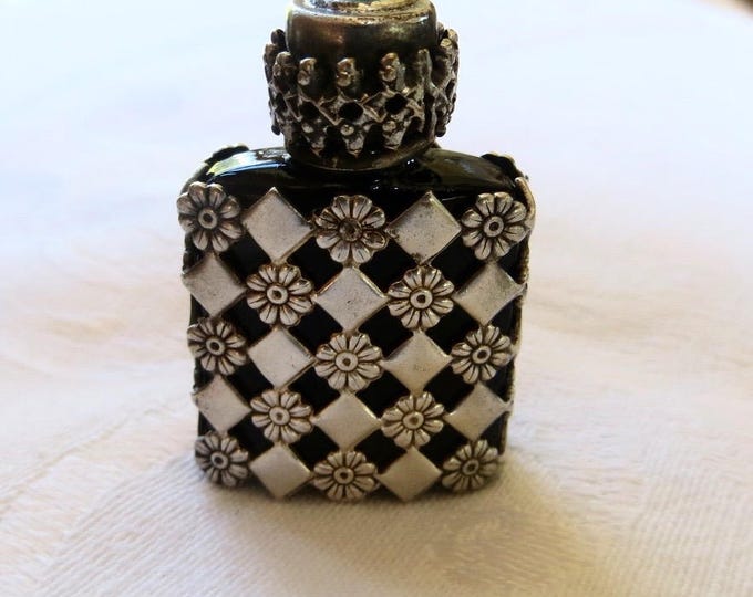 Sterling Perfume Bottle, Mini Perfume, Sterling Overlay, Black Glass, Turquoise Bead Lid, Vintage Vanity
