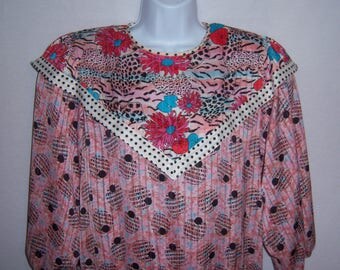 Vintage Diane Freis Pink Red Turquoise Black Zebra Stripe Polka Dot Print Pleated Gypsy Boho Georgette Outfit Skirt Blouse Medium