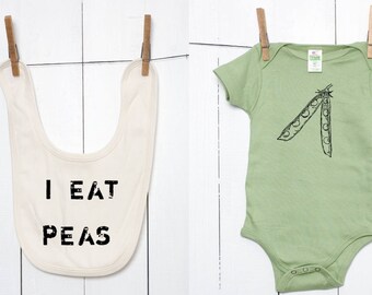 Organic Infant One Piece and Bib Set - Avocado Green Baby Bodysuit and Natural Bib - I Eat Peas - Vegetarian Vegan Vegetable Babies Gift