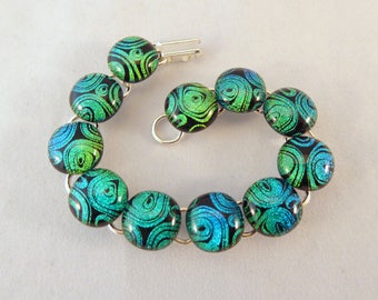 7 Inch Green Blue and Black Fused Glass Bracelet, Dichroic, Fused Glass, Fused Glass Bracelet, Glass Bracelet, Dichroic, Green, 7 Inch