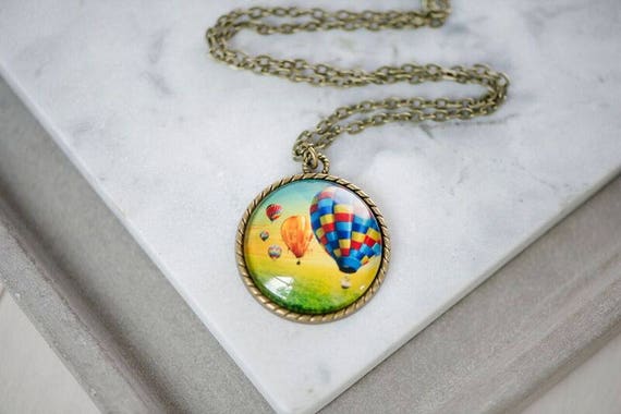 FREE SHIPPING - Large Bronze 30mm pendant Hot Air Balloon necklace