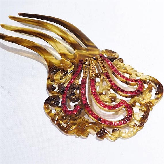 Antique Hair Comb 1900s Art Nouveau Victorian Sidecomb Faux Tortoise Shell Celluloid Comb Ruby Red Topaz Yellow Rhinestone Hair Comb Wedding