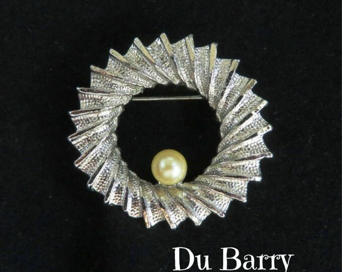 DuBarry Circle Brooch, Vintage Silver Tone Ridged Faux Pearl Circle Pin, Gift for Her