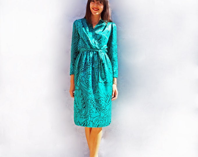 Green Wrap Dress, Long Sleeve Dress, Vintage Marks + Spencers Dress, Vintage Wrap Dress, Green Dress, Knee Length Dress, Floral Dress, 1980s