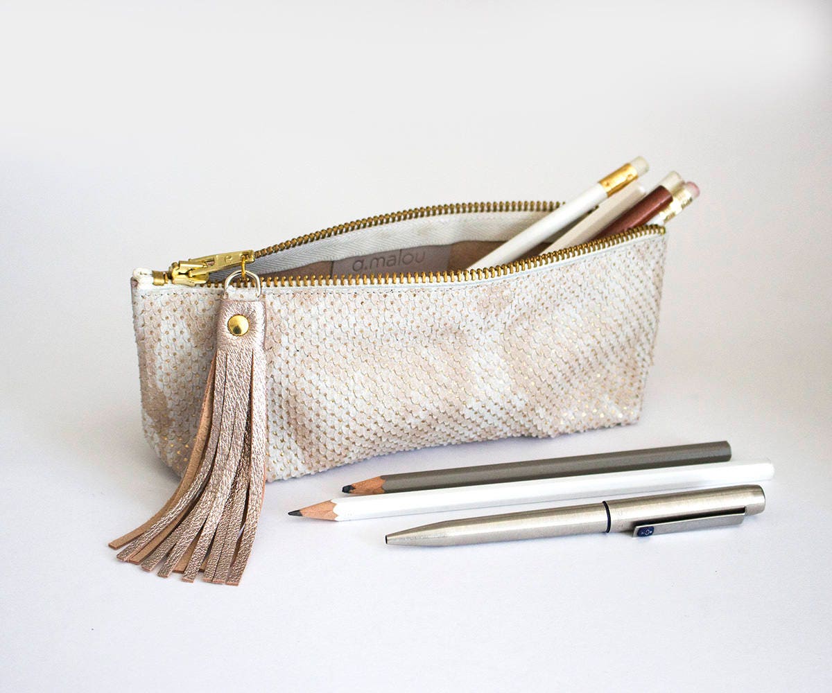 Rose Gold Leather Pencil Case Elegant Cosmetic Pouch