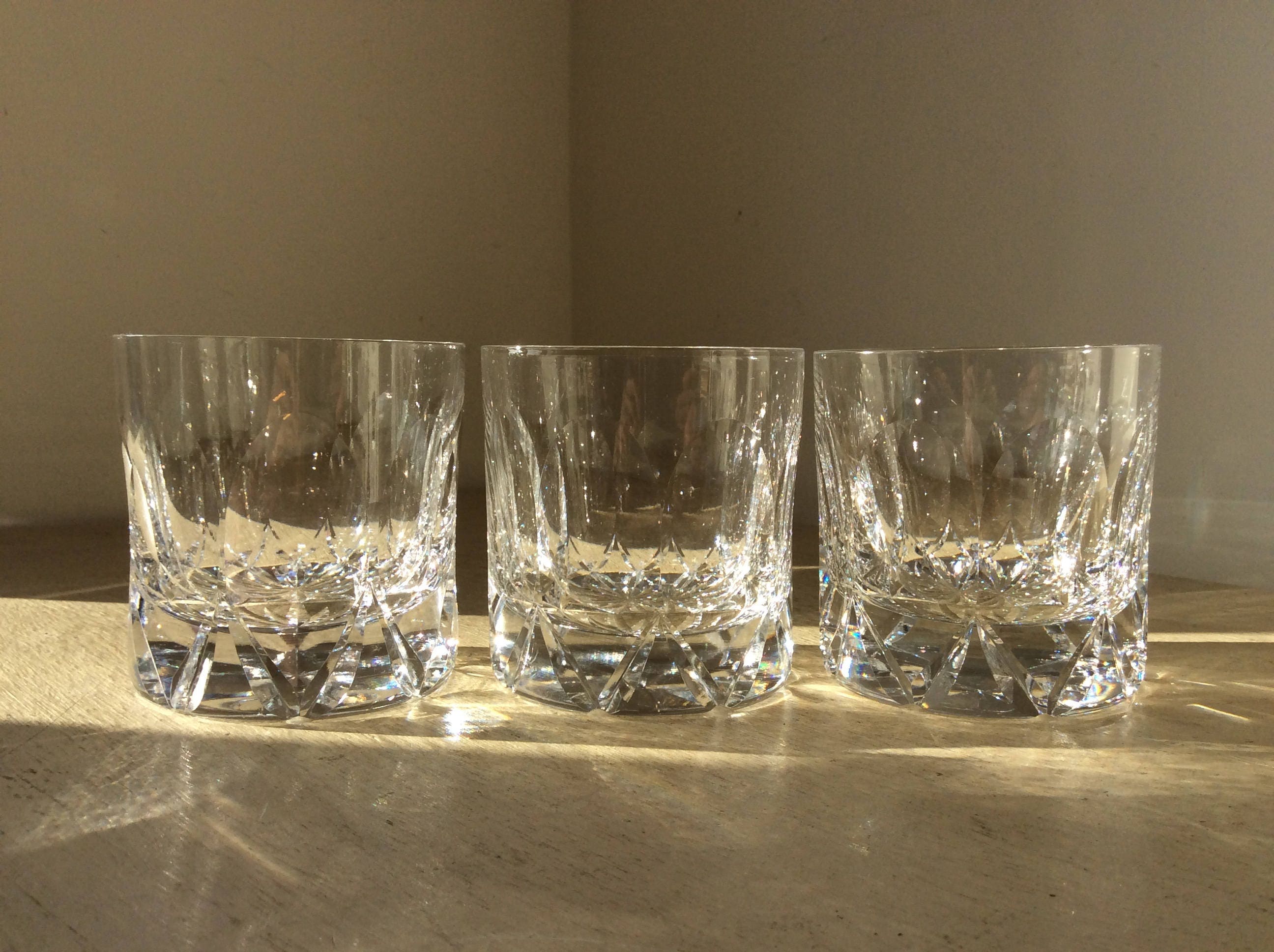 C1930s 50s 3x Antique Cut Crystal Glass Whiskey Whisky Tumblers Glasses
