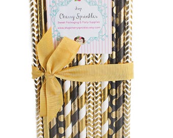 CELEBRATE -Black & Gold Party decor -Black Straws - Gold Foil Straws / Paper Straws / Gold Wedding - Gold party -New Years Eve Party -Foil