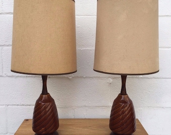 Pair Mid Century Table Lamps,SHIPPING NOT INCLUDED, Brown and Beige Ceramic Mid Century Table Lamps with Shades (Pair)