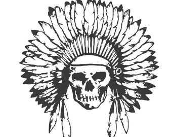Black Diamond Art Indian Chief Skull Headdress Vinyl Sticker - Car Bumper Decal