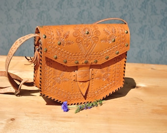 Leather bag, boho leather bag, leather purse, leather shoulder bag, tooled leather purse, bohemian leather bag, hippie leather bag