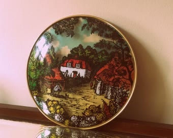 Vintage 60's 3D Convex Domed Glass Thatched Country Cottage picture