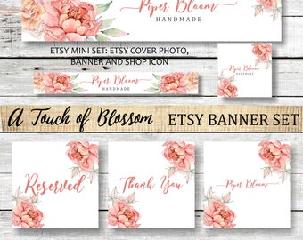 Etsy Banner Peonies Floral Rustic Flowers Pink Peach Watercolor Facebook Business Card Website Banner Shop Banner Custom Handmade BS017