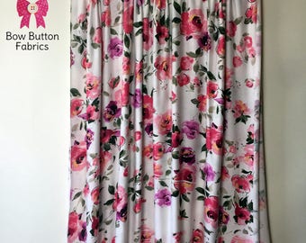 Jersey Rayon Spandex KNIT Fabric, 4-way stretch, Bow Button Scarves - Ivory Watercolor Floral
