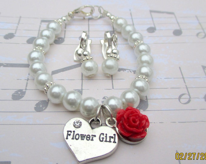 Red rose-Flower girl bracelet-Little girls-pearl jewelry set-sterling silver-toddler wedding gift-children's pearls-flower girl gift-wedding