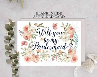 Bridesmaid Card set, Will You Be My Bridesmaid, Bridesmaid card,Wedding Card,Floral Card, Bridal Party, floral bridesmaid card