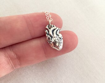 Sterling Silver Anatomical Heart Necklace, Realistic Heart Necklace, Anatomy Necklace, Doctor Gift, Medical Student Gift, Zombie Necklace