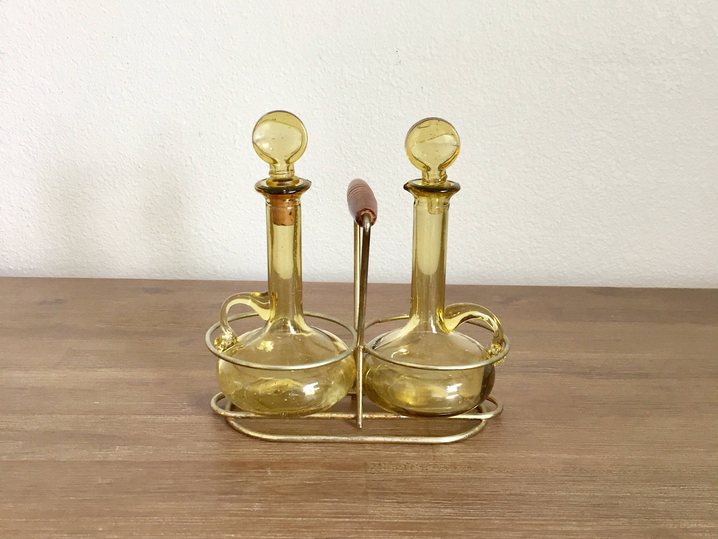 Vintage Oil & Vinegar Yellow Glass Cruet Set with Metal Caddy
